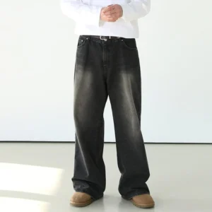 WASHED BLACK WIDE STRAIGHT DENIM JEANS